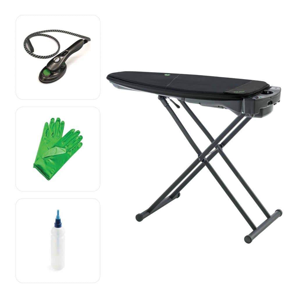 système-de-repassage-Andy:-planche-à-repasser-aspirante-et-soufflante-professionnelle-avec-vapeur-intégrée. La-seule-planche-à-repasser-qui-fonctionne-sans-fer-à-repasser. Avec-accessoire-Mimo-inclus,-elle-fonctionne-comme-un-fer-à-repasser-pour-repasser-les-détails-ou-aussi-comme-un-fer-à-repasser-vertical-professionnel.